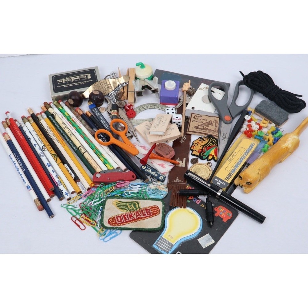 Office Junk Drawer Mix Estate Sale Lot‎ Scheaffer Pen Patches Pencils Supplies